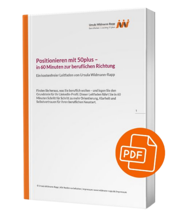Leitfaden Positionieren mit 50plus, hier Darstellung als weißes Buch mit orangefarbenen Akzenten